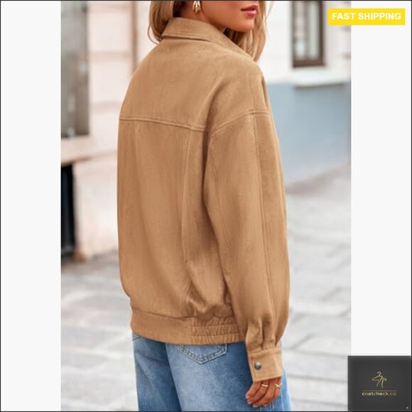 Oversized Faux Suede Bomber Jacket Women's Casual Zip Up Outerwear - Picture 6 of 7